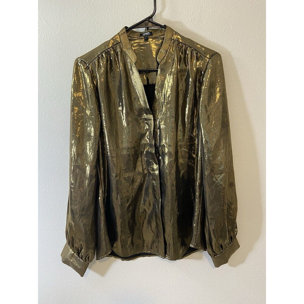 Express Relaxed Portofino Shirt Medium Button Up Gold Metallic Womens Collarless